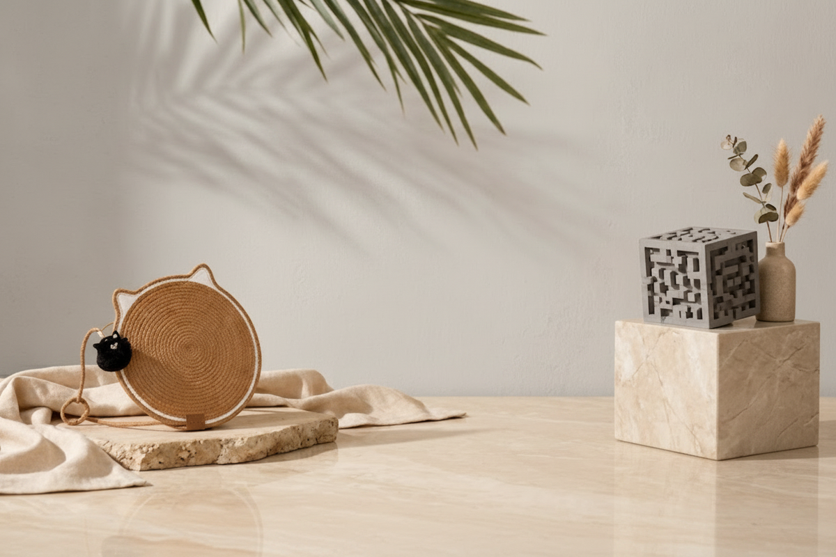 A styled interior scene with a woven round basket or drum-like decor piece on a stone slab draped with beige fabric, alongside a geometric black cube vase holder and dried grasses in a small vase on a marble pedestal. Palm leaf shadows fall on a warm beige wall and floor.